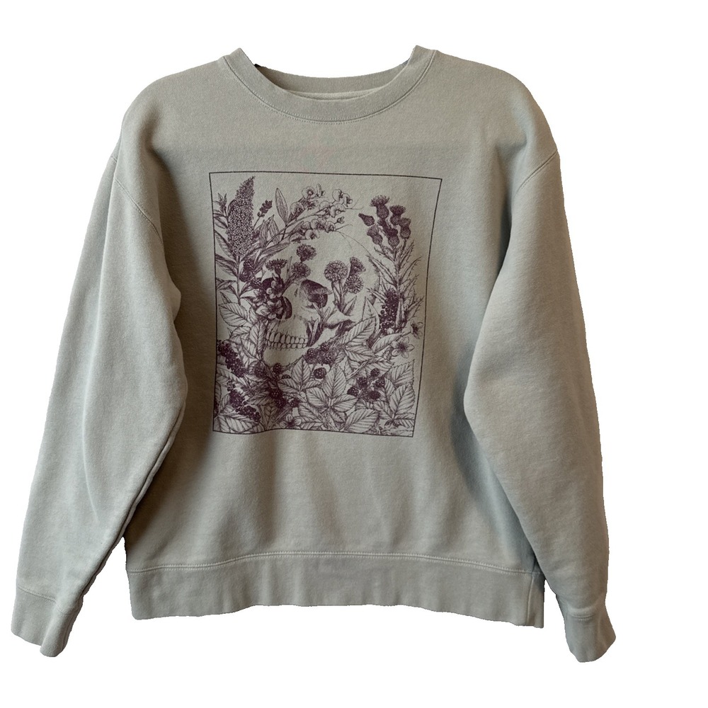 Women’s Sage Green Graphic Sweatshirt with Botanical Skull Print
